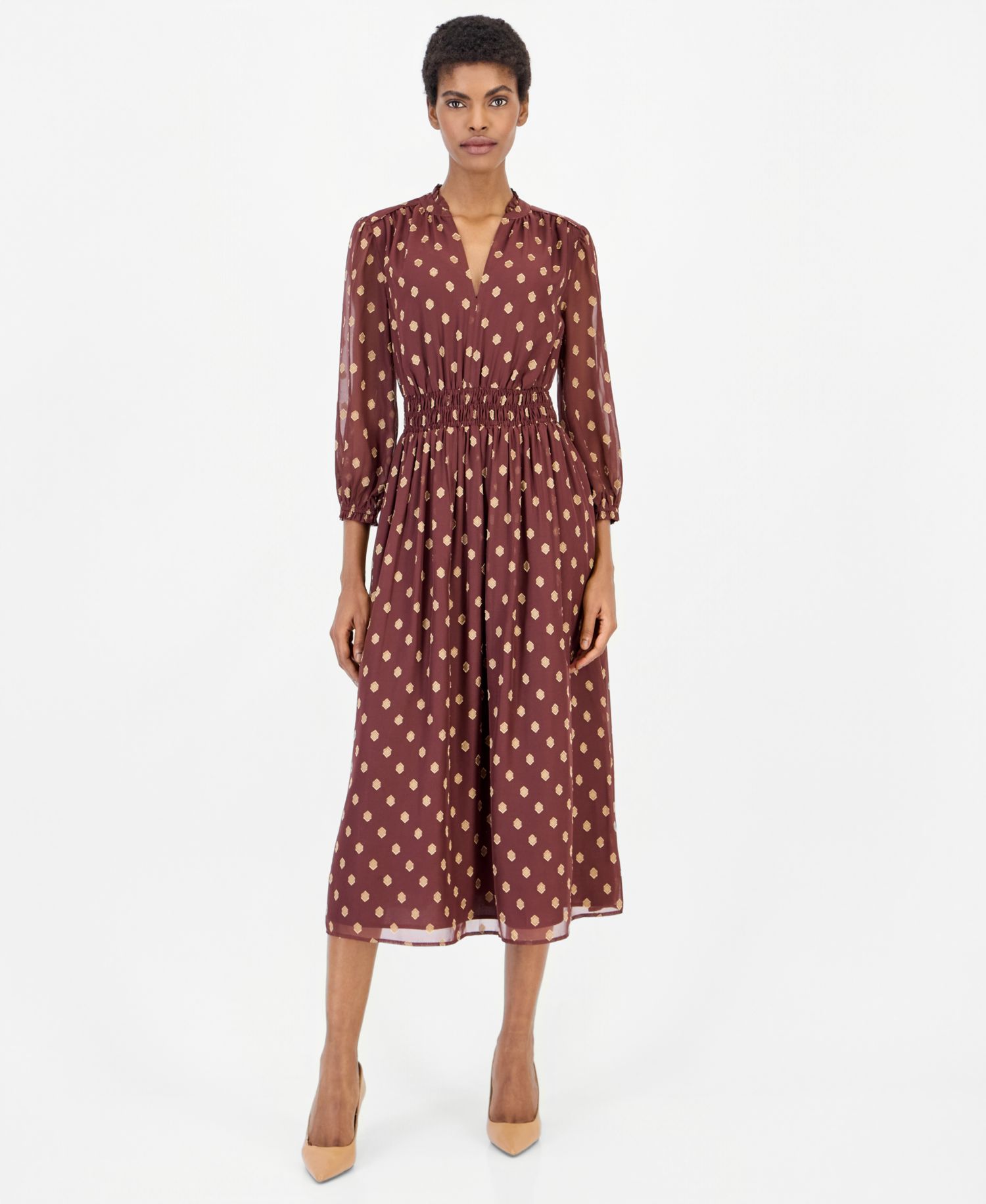 Women's Polka-Dot Ruffle Smocked-Waist Midi Dress
