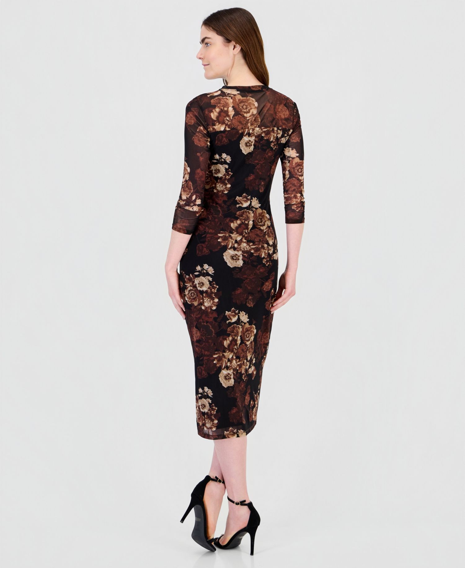 Women's Floral-Print Mesh Side-Ruched Midi Dress