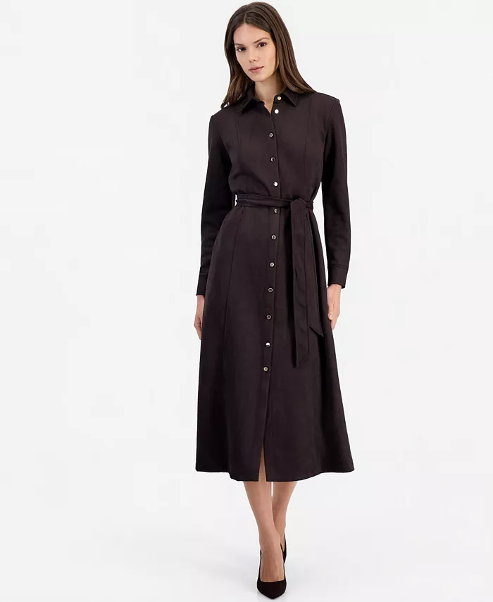 Women's Fitted Midi Tie-Belt Shirt Dress