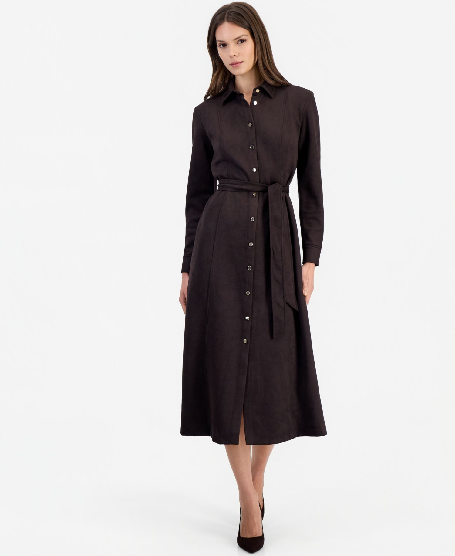 Women's Fitted Midi Tie-Belt Shirt Dress