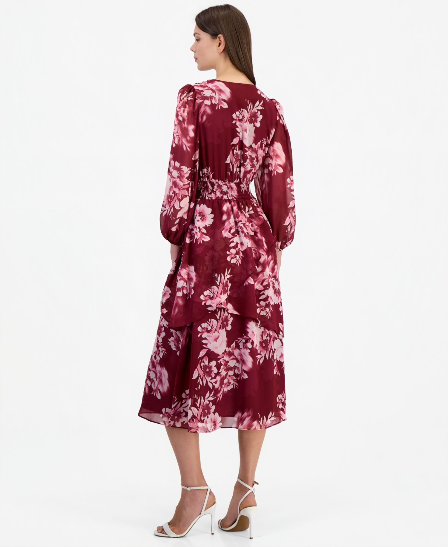 Women's Floral-Print Tiered Long-Sleeve Midi Dress
