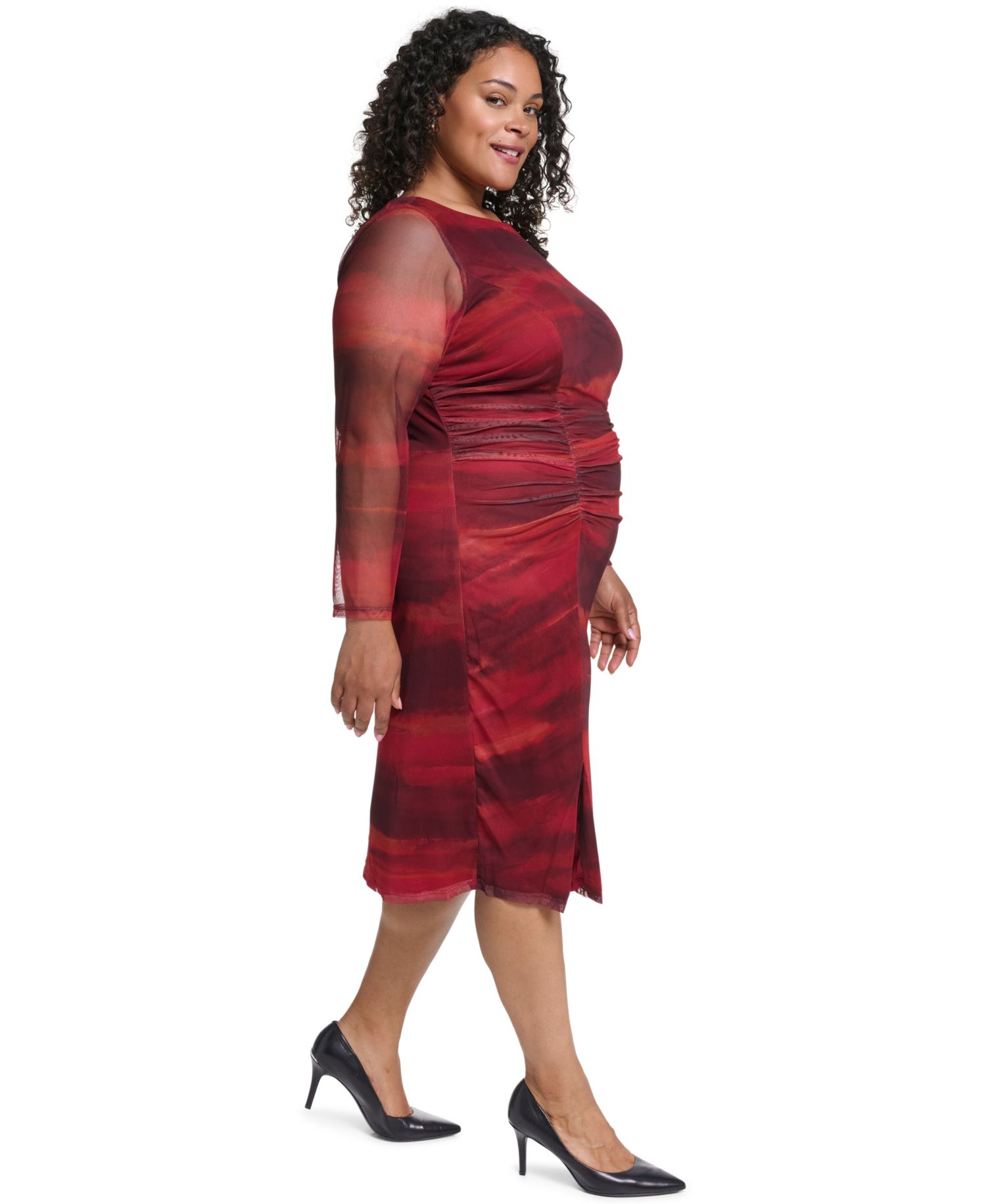Plus Size Printed Mesh Midi Dress