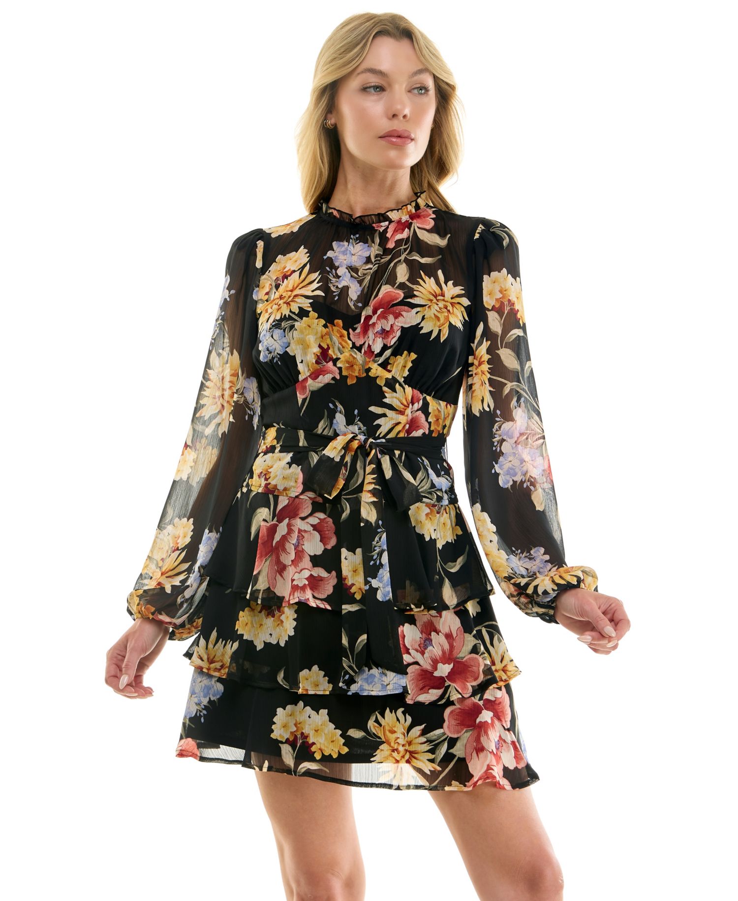 Juniors' Long-Sleeve Boat neck Tiered Skirt Dress