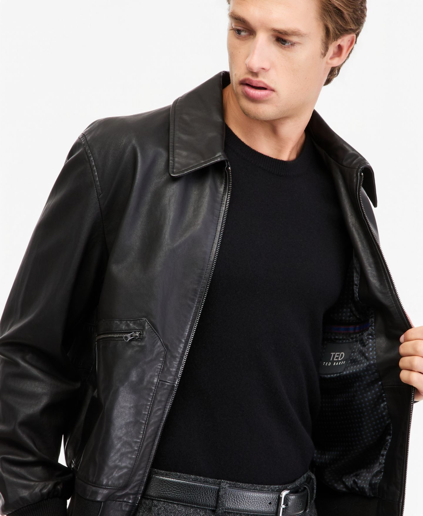 Мужская куртка Ted by Ted Baker Teddy Genuine Leather Bomber, цвет: Чёрный — фото 3