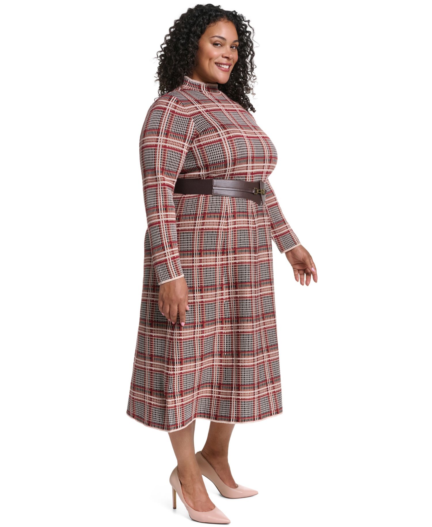 Plus Mock Neck Long-Sleeve Fit & Flare Dress