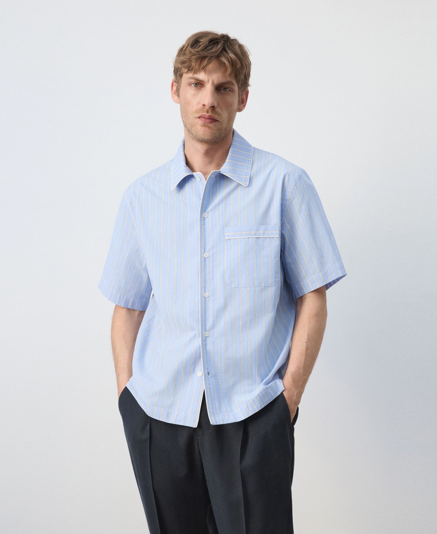 Мужская рубашка Mango Cotton Striped, цвет: Небесно-голубой — фото 1