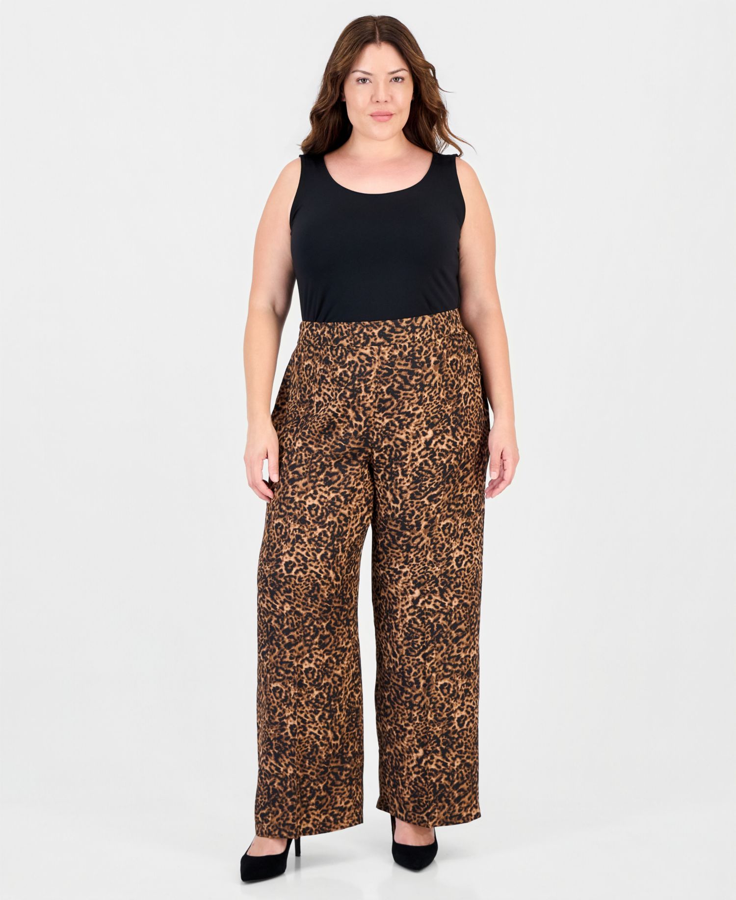 Plus Size Animal-Print Wide-Leg Side-Seam Zipper Pants