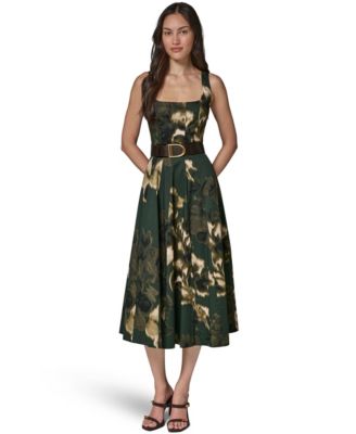 Women's Printed Square Neck Pleated Fit and Flare Dress with Belt