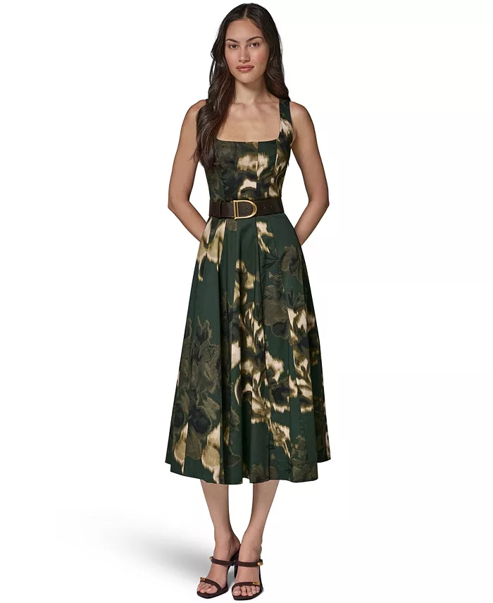Women's Printed Square Neck Pleated Fit and Flare Dress with Belt