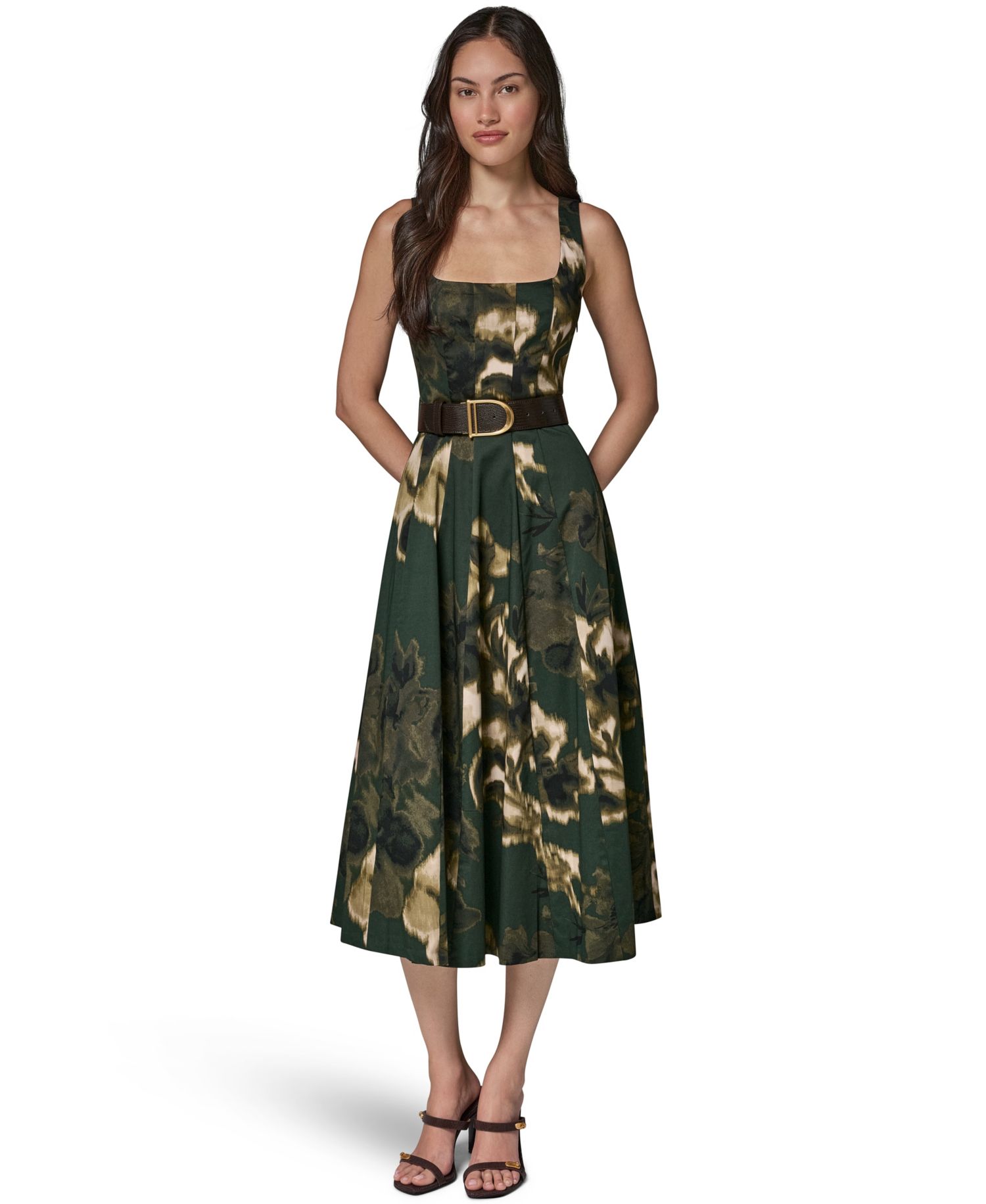 Women's Printed Square Neck Pleated Fit and Flare Dress with Belt
