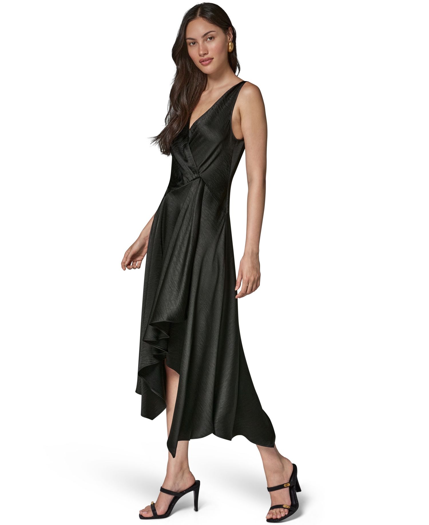 Women's Satin Sleeveless Surplice-Neck Draped A-Line Midi Dress
