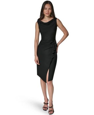 Women's Sleeveless Draped Sheath Dress with Side Ruffle