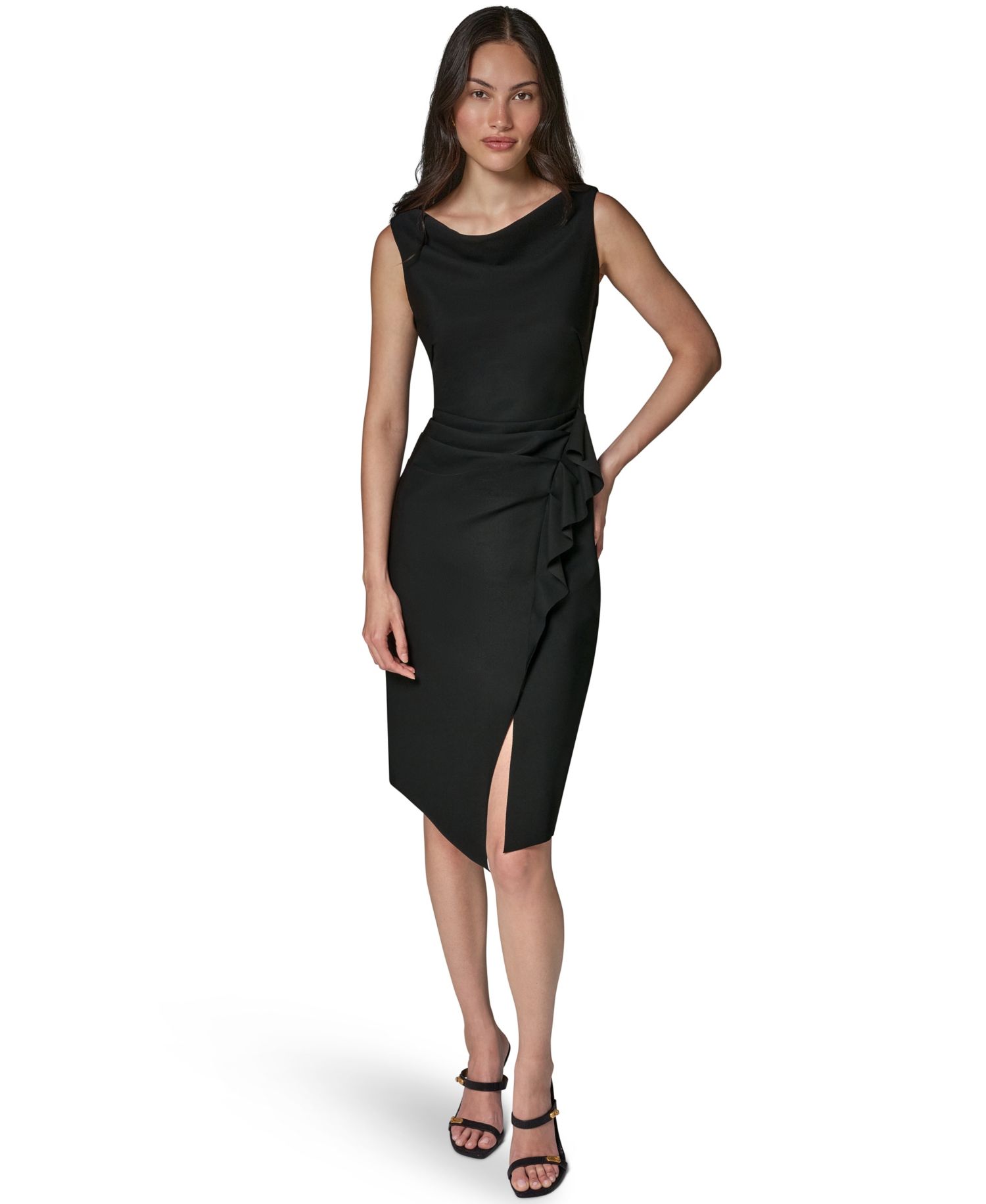 Women's Sleeveless Draped Sheath Dress with Side Ruffle