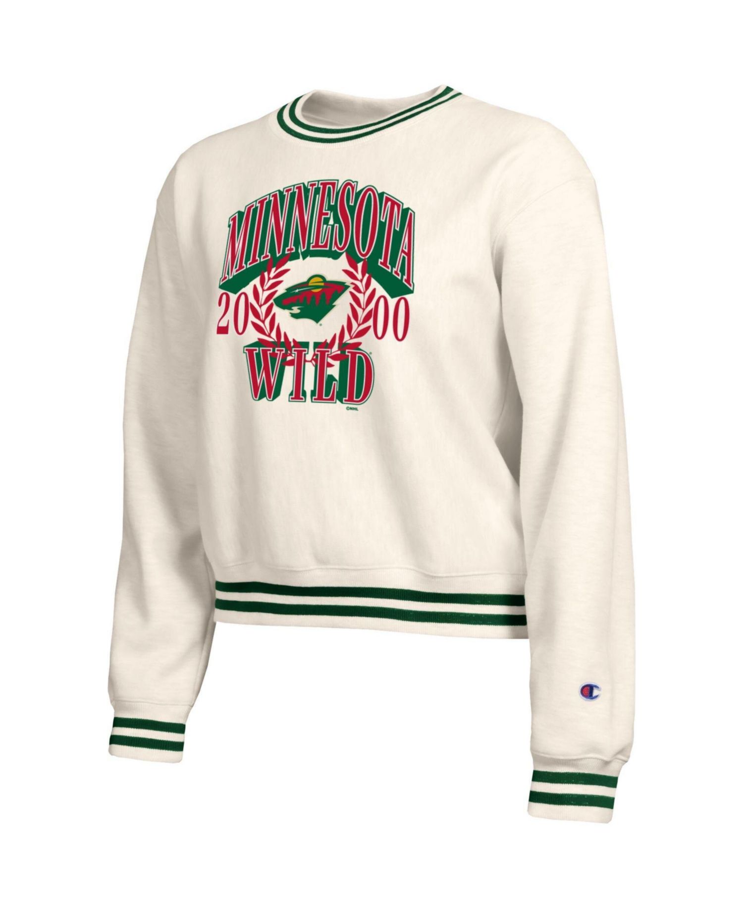 Women's Cream Minnesota Wild Bold Laurels Reverse Weave Yarn Crewneck Sweatshirt