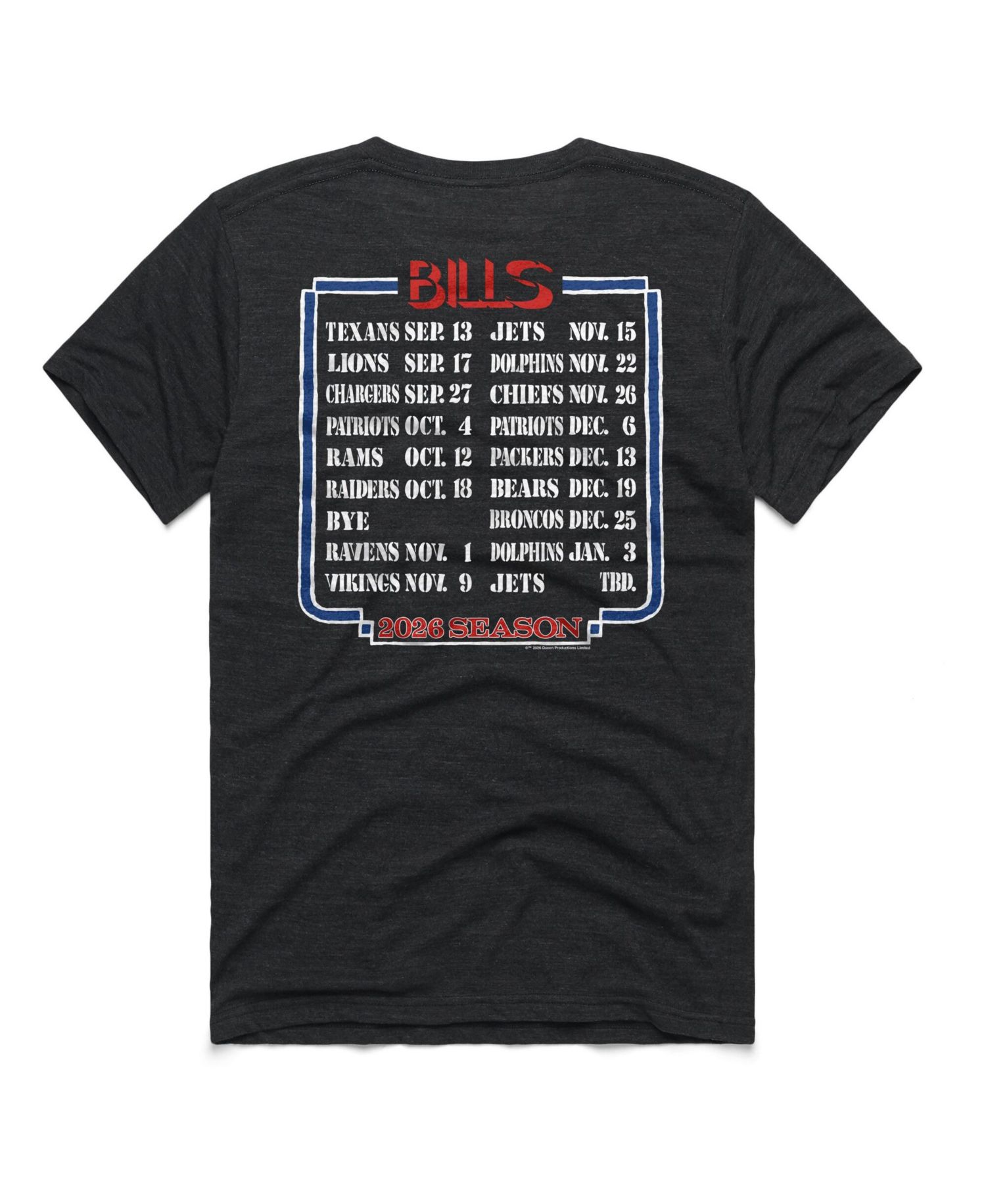 Men's and Women's Charcoal Buffalo Bills 2026 NFL Schedule Queen Tri-Blend T-Shirt
