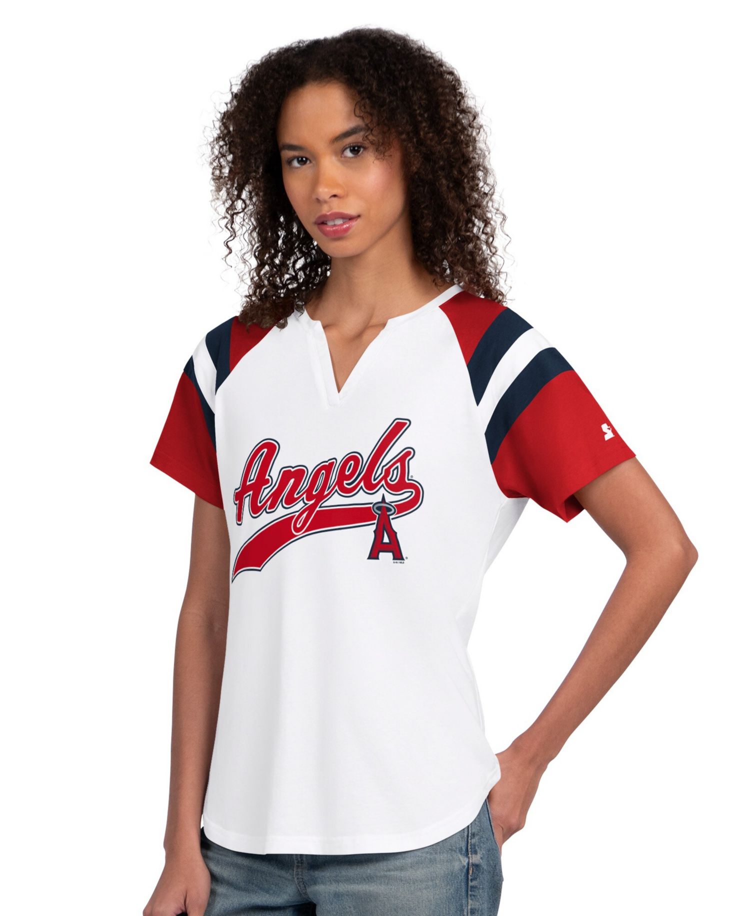 Women's White Los Angeles Angels Game On Notch Neck Raglan T-Shirt