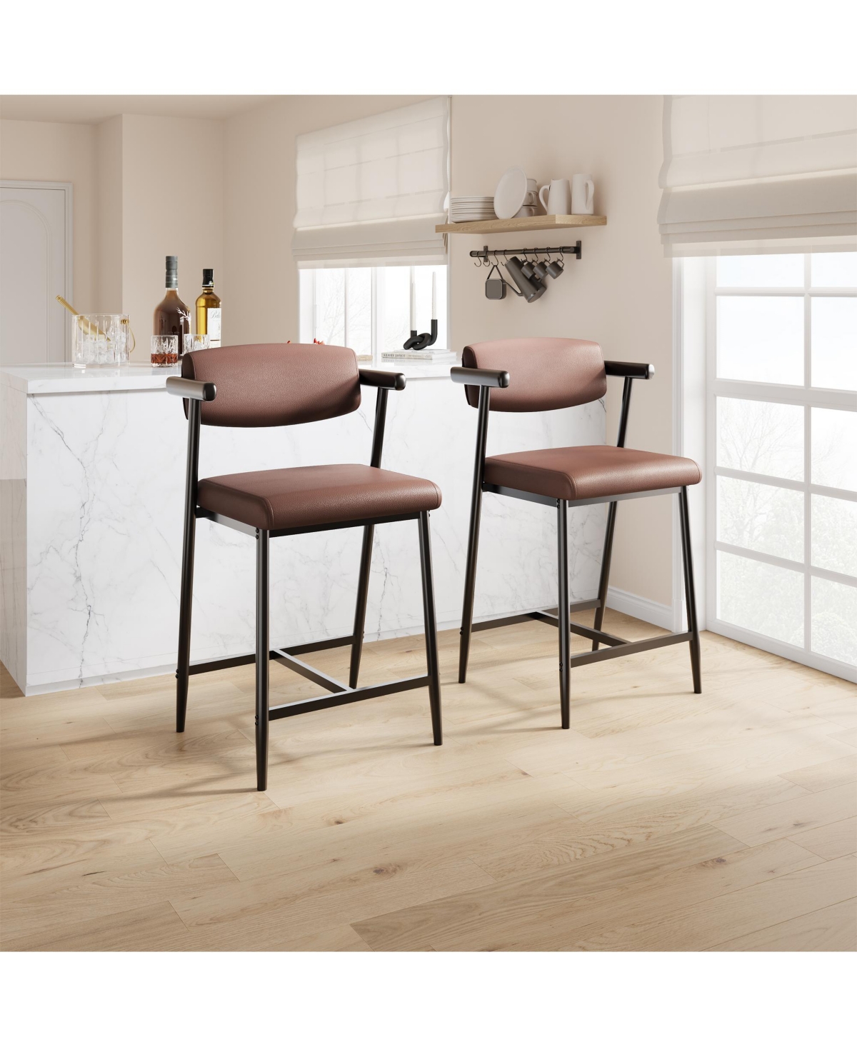 homfan Set of 2 Counter Height Bar Stools, Upholstered Pu Leather Chairs with Back and Armrests, Metal Base, Footrest