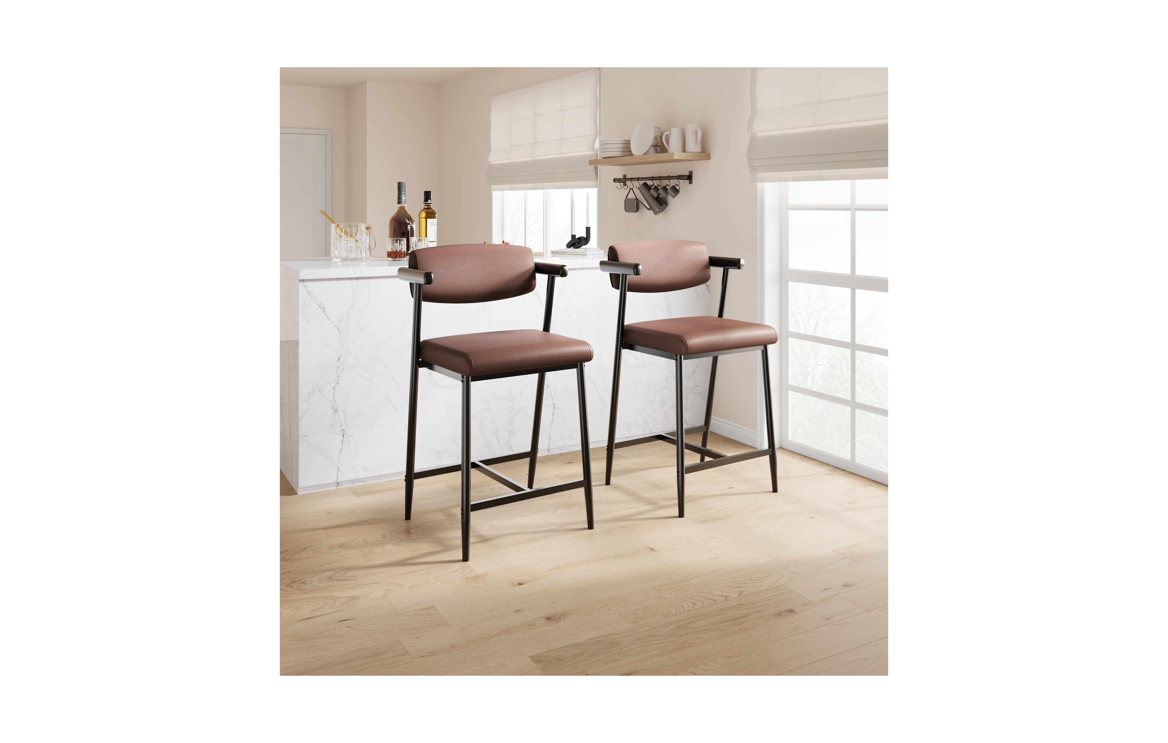 homfan Set of 2 Counter Height Bar Stools, Upholstered Pu Leather Chairs with Back and Armrests, Metal Base, Footrest