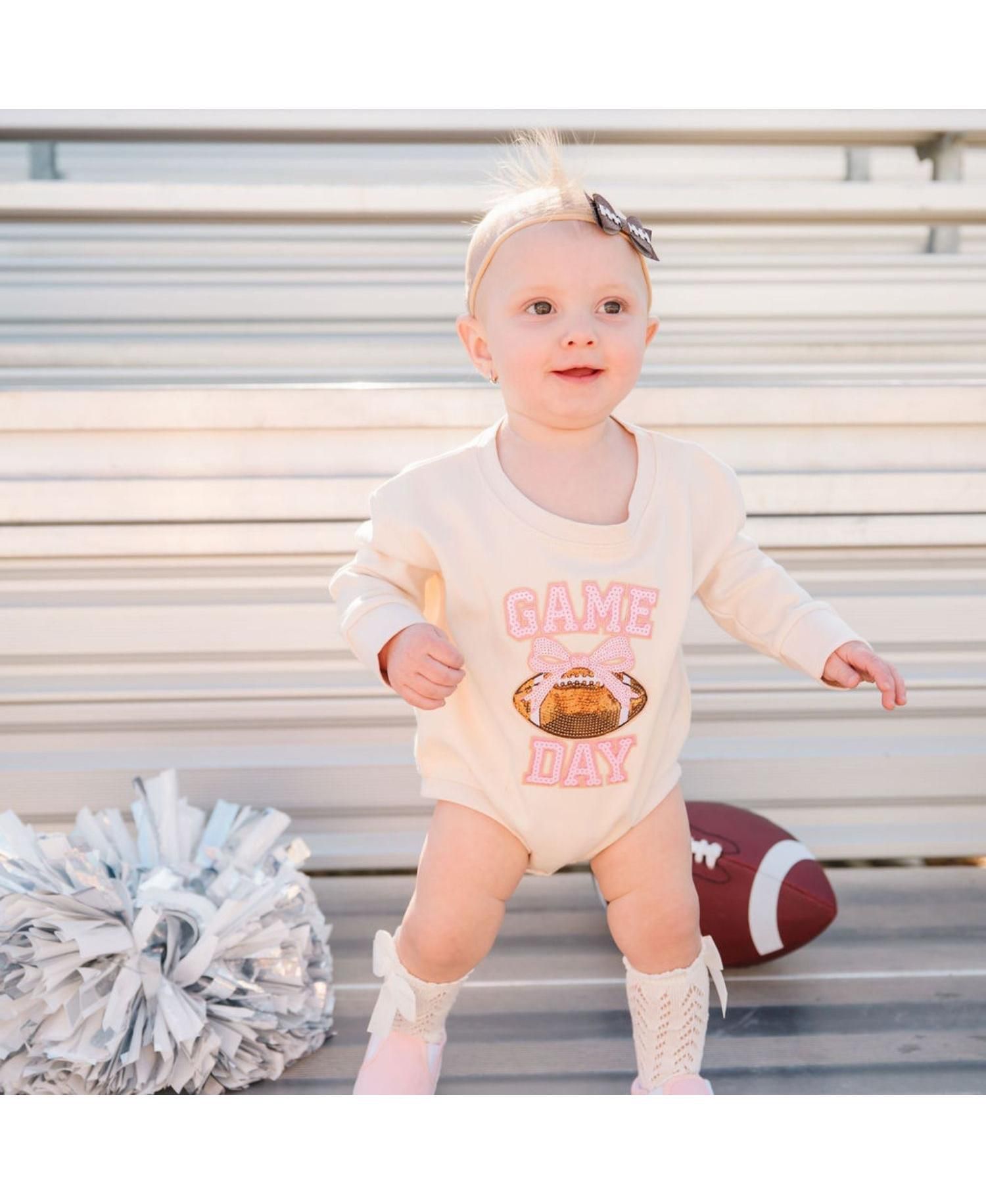 Baby Girls Game Day Sequin Patch Long Sleeve Romper