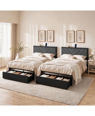Set of 2 Twin Size Upholstered Metal Platform Bed Frame with Charging Station Headboard and 2 Large Under Bed Storage Drawers