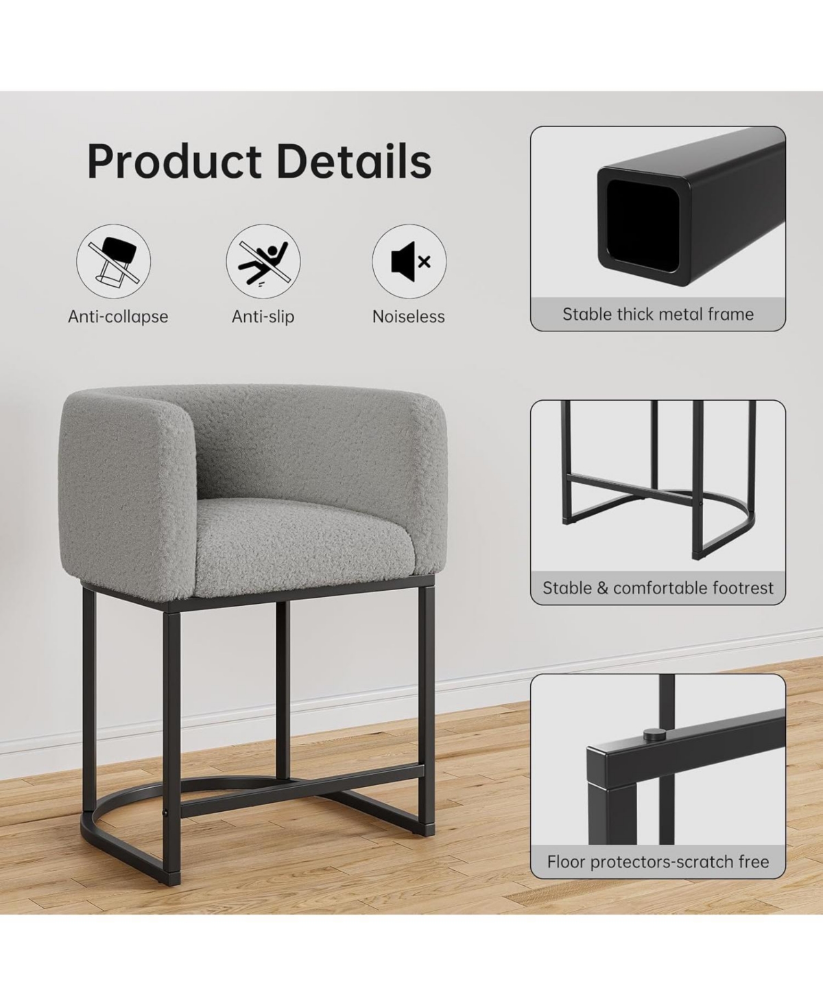 gaomon Bar Stools Set of 2 with Lambswool Cushioned Seats, Modern Upholstered Counter Height Bar Stools with Backrest and Arms, Metal Frames