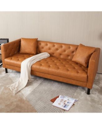 81" Faux Leather Sofa with 2 Pillows, Button-Tufted 3 Seater Sofa, Mid-Century Modern Contemporary Upholstered Couch with Deep Seat