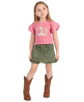 Girls' 2T-6X Applique Knit Top and Suede Fringe Skirt, 2-Piece Set
