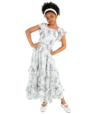 Girls' 7-16 Floral Print Chiffon Smocked Flutter Sleeve Midi Dress