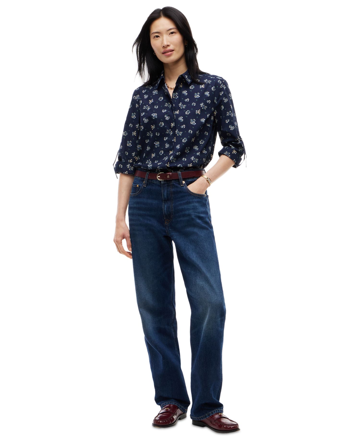 Women's Cropped Printed Roll-Tab Sleeve Shirt