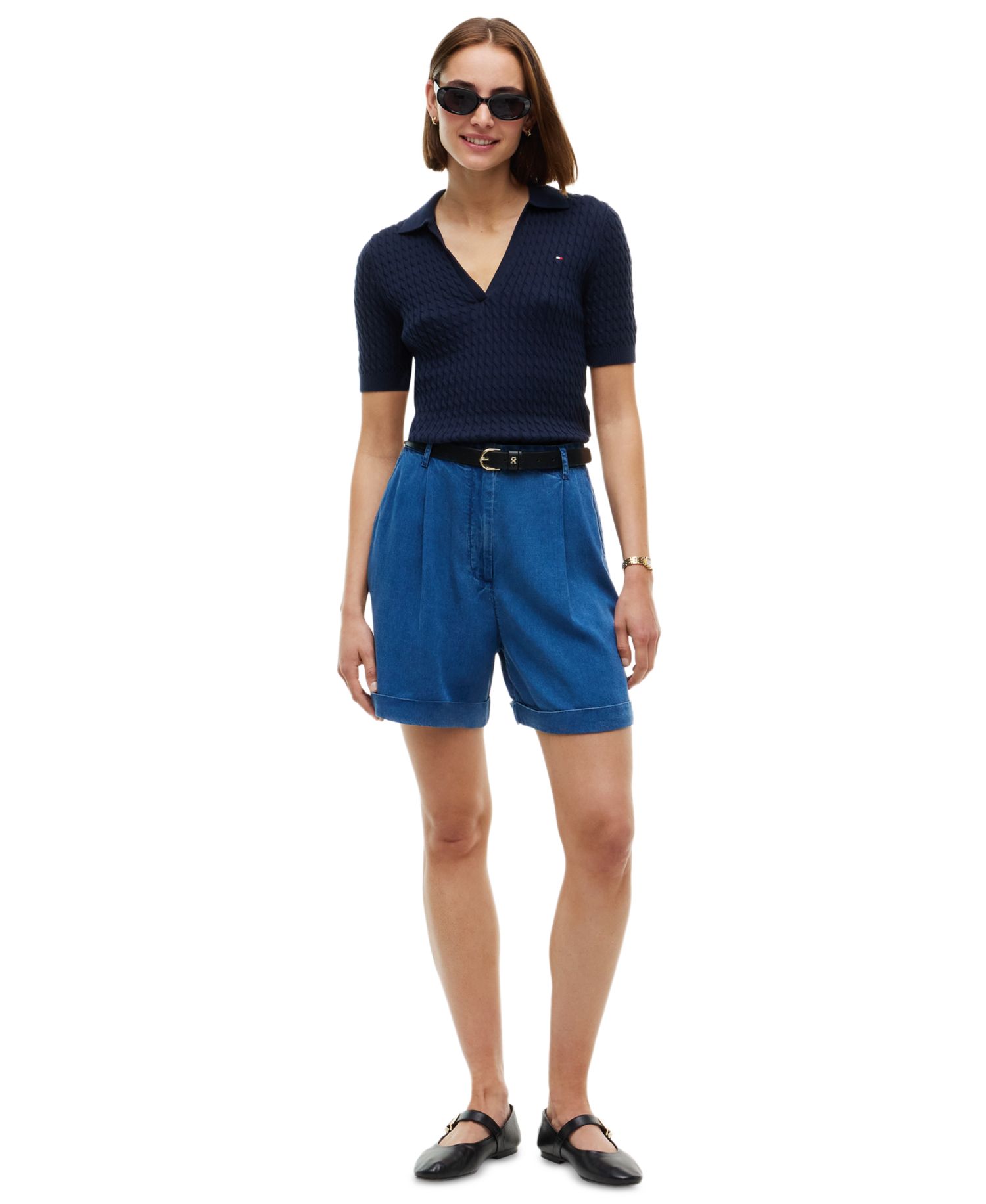 Women's High-Waisted Pleated Chambray Shorts