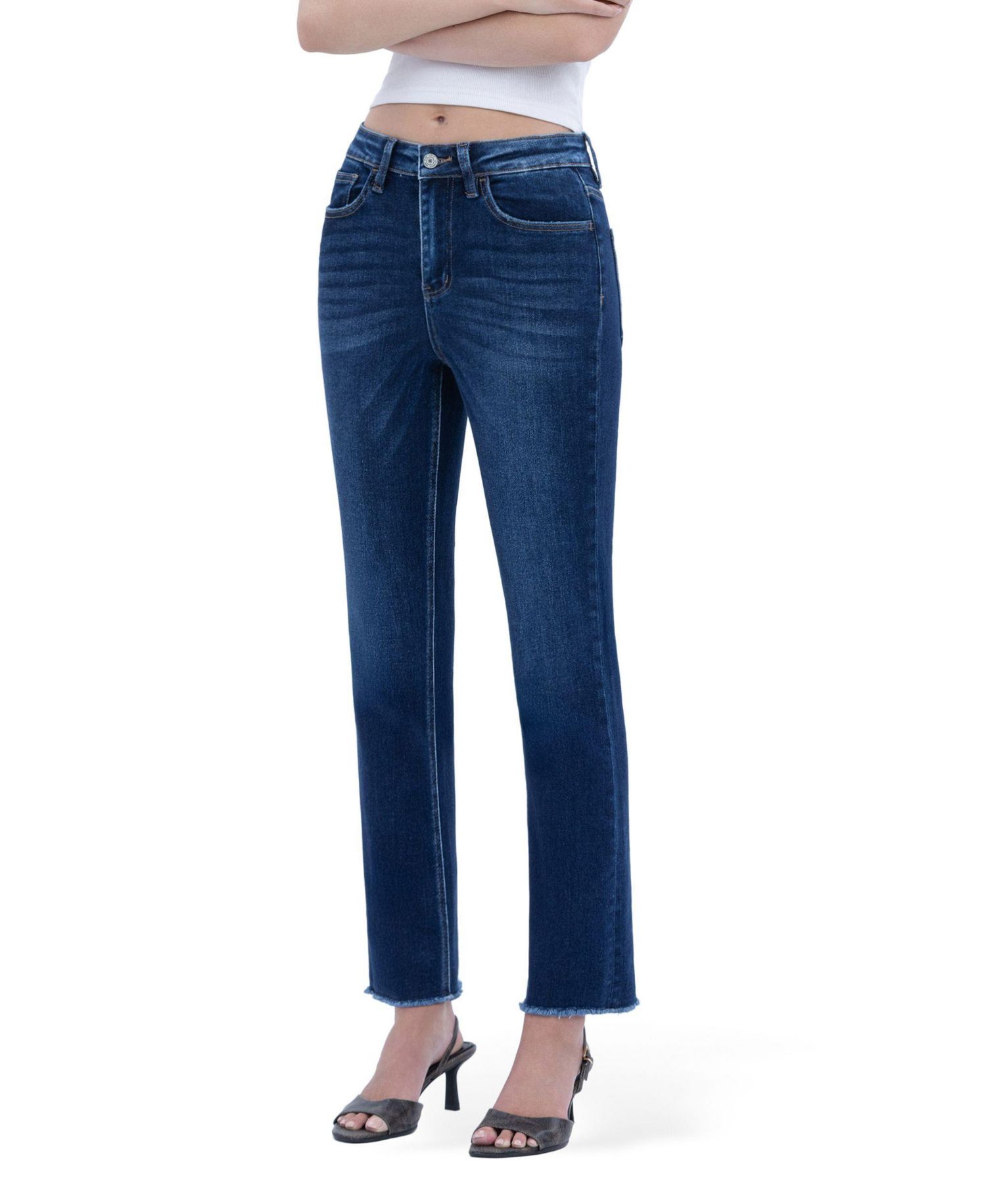 Women's Super High Rise Stretch Raw Hem Slim Straight Jeans