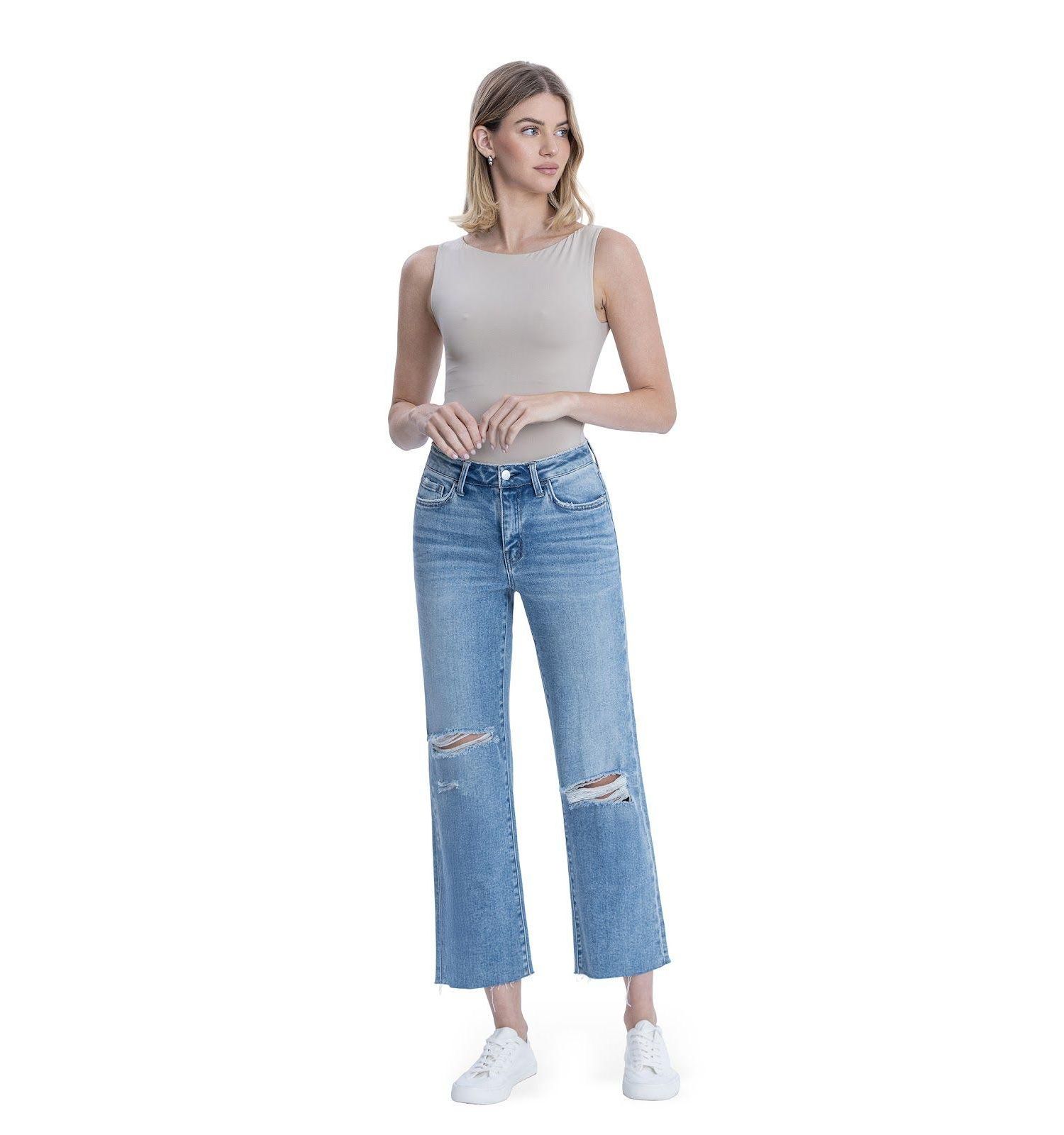Women's High Rise Raw Hem Crop Slim Wide Leg Jeans