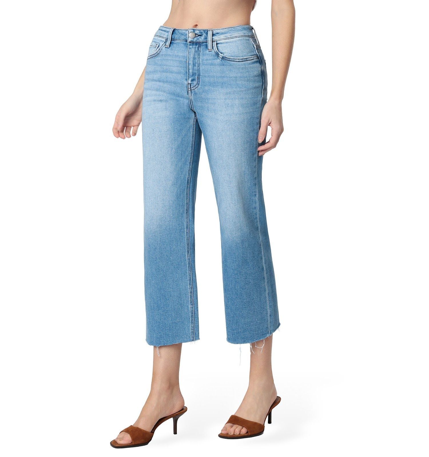 Women's High Rise Raw Hem Crop Slim Wide Leg Jeans