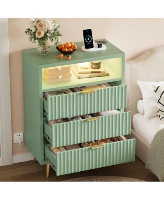 Fluted 3-Drawer Dresser for Bedroom, Modern White Dresser with Built-in LED Lights and Wave Front Design, Large Storage Dresser