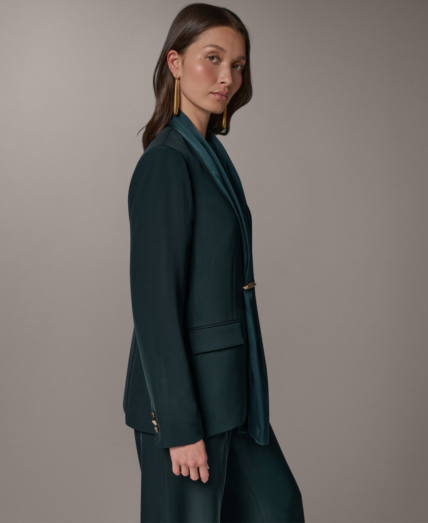 Женский пиджак Donna Karan New York Scarf Collar Blazer, цвет: Чёрный тёмно-зелёный — фото 5