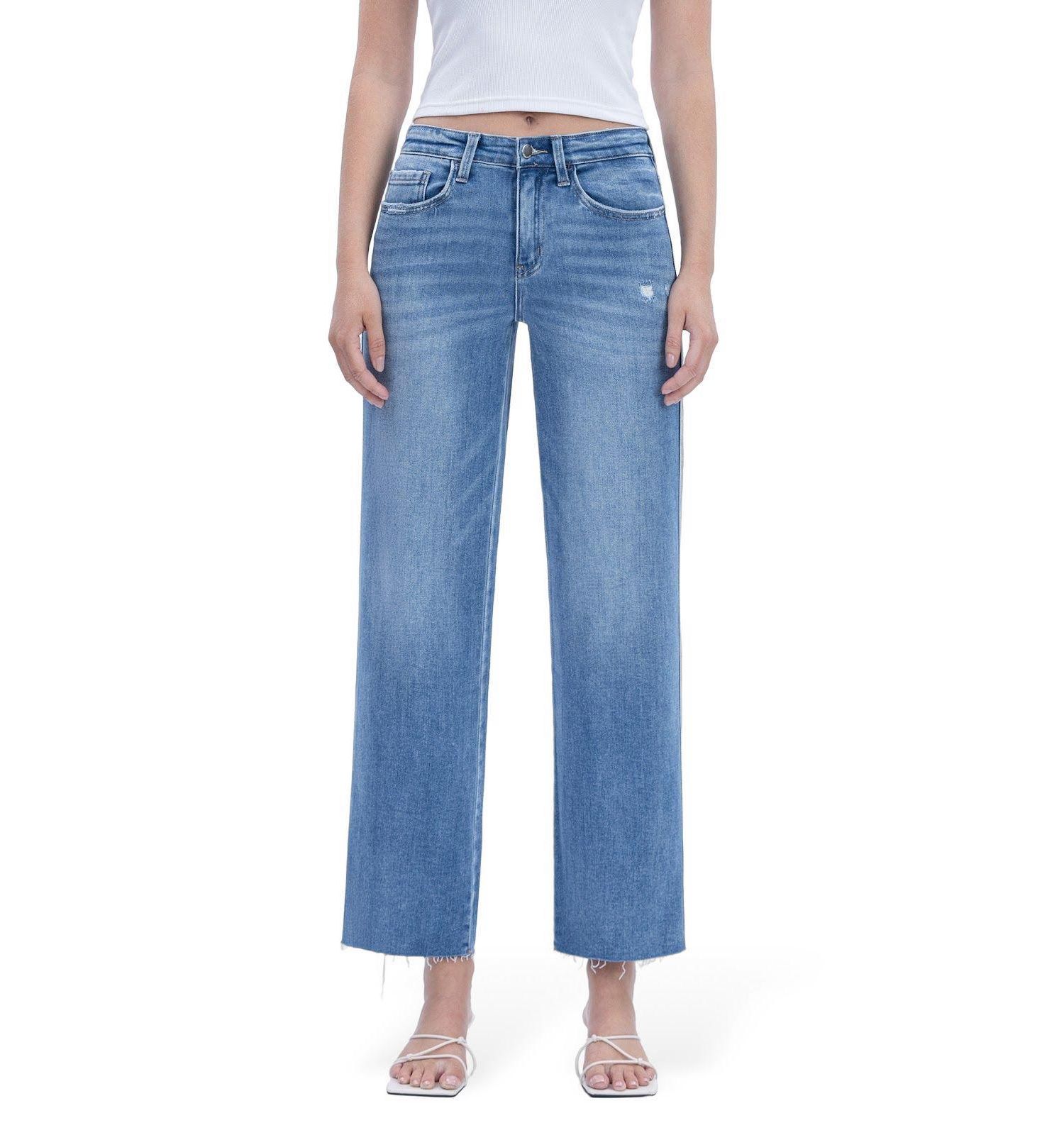Women's High Rise Raw Hem Slim Wide Leg Jeans