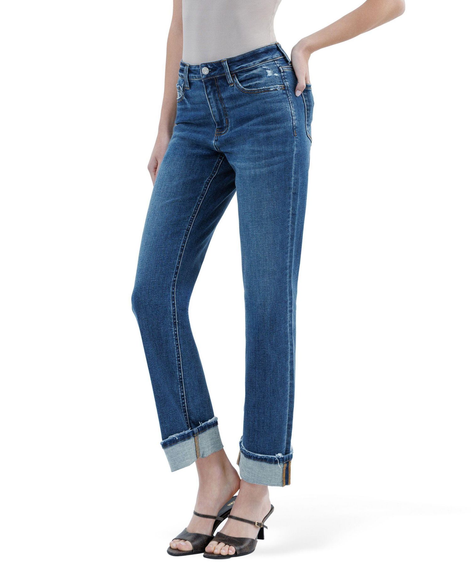 Women's High Rise Distressed Cuffed Straight Jeans