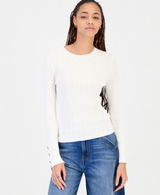 Juniors' Button Fine Gauge Crewneck Ribbed Cardigan