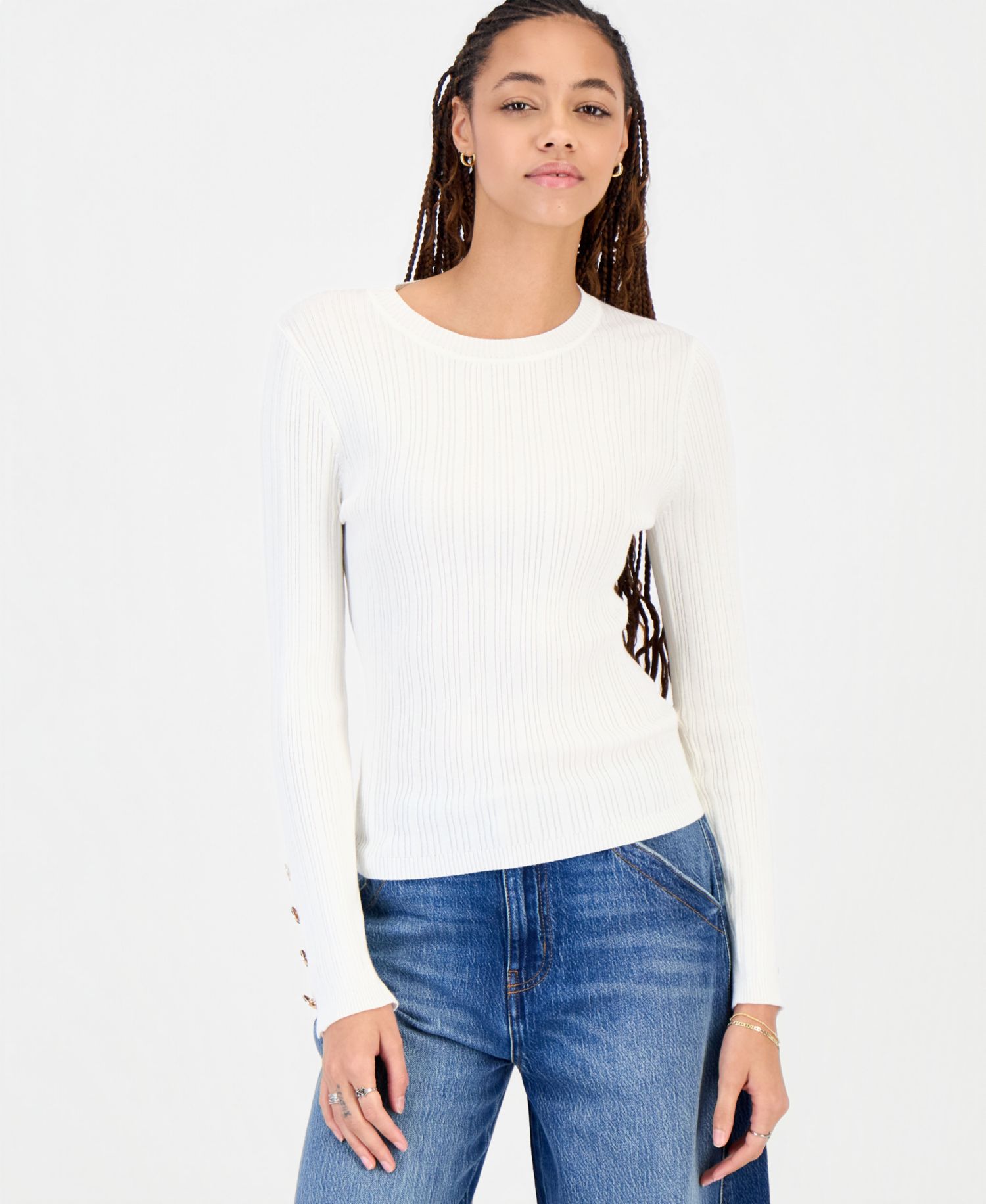 Juniors' Button Fine Gauge Crewneck Ribbed Cardigan