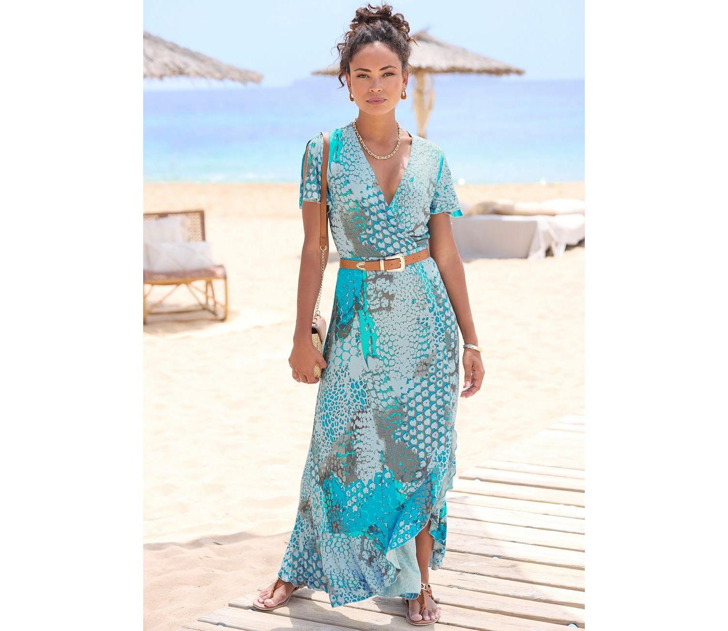 Women's Viscose Printed Side Slit Ruffle-Trim Maxi Dress