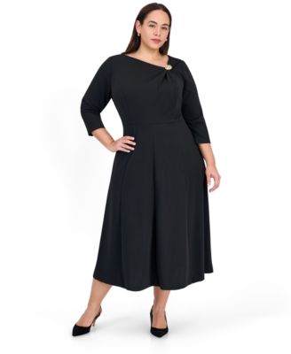 Plus Size Asymmetrical Neckline 3/4-Sleeve A-Line Dress