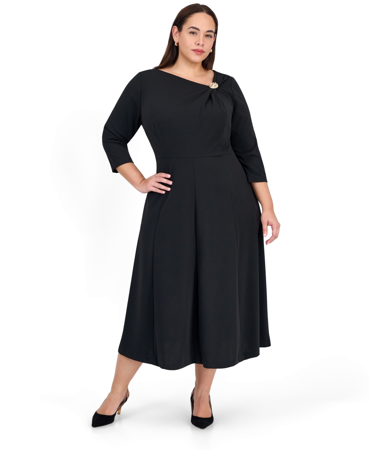 Anne Klein Plus Asymmetrical Neckline 3/4-Sleeve A-Line Dress