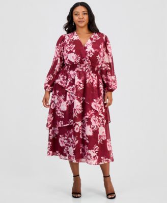 Plus Size Long-Sleeve V-Neck Tiered Midi Dress