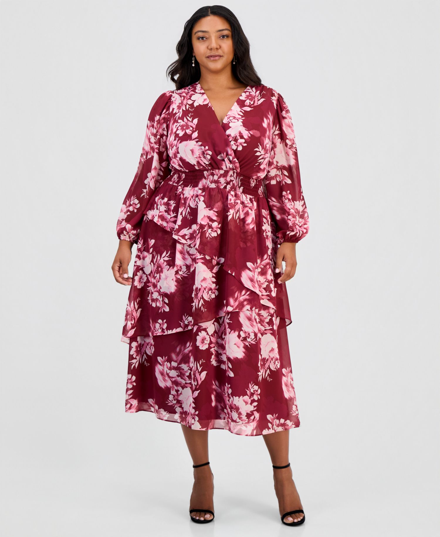 Plus Size Long-Sleeve V-Neck Tiered Midi Dress