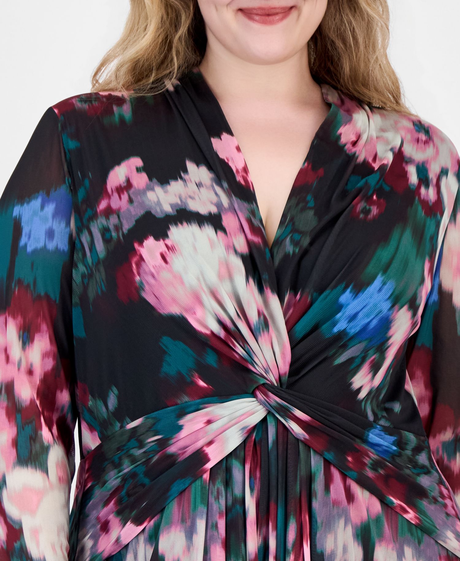 Plus Twist Front Maxi Floral Long-Sleeve A-Line Dress