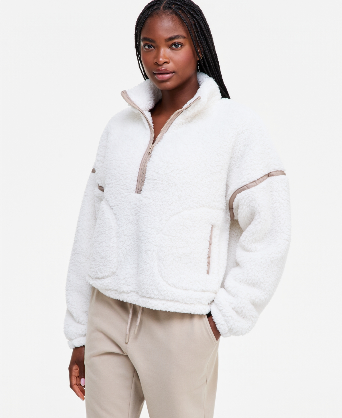 Id Ideology Women's Sherpa Half-zip Mock Neck Pullover, Macy's Exclusive In Tofu