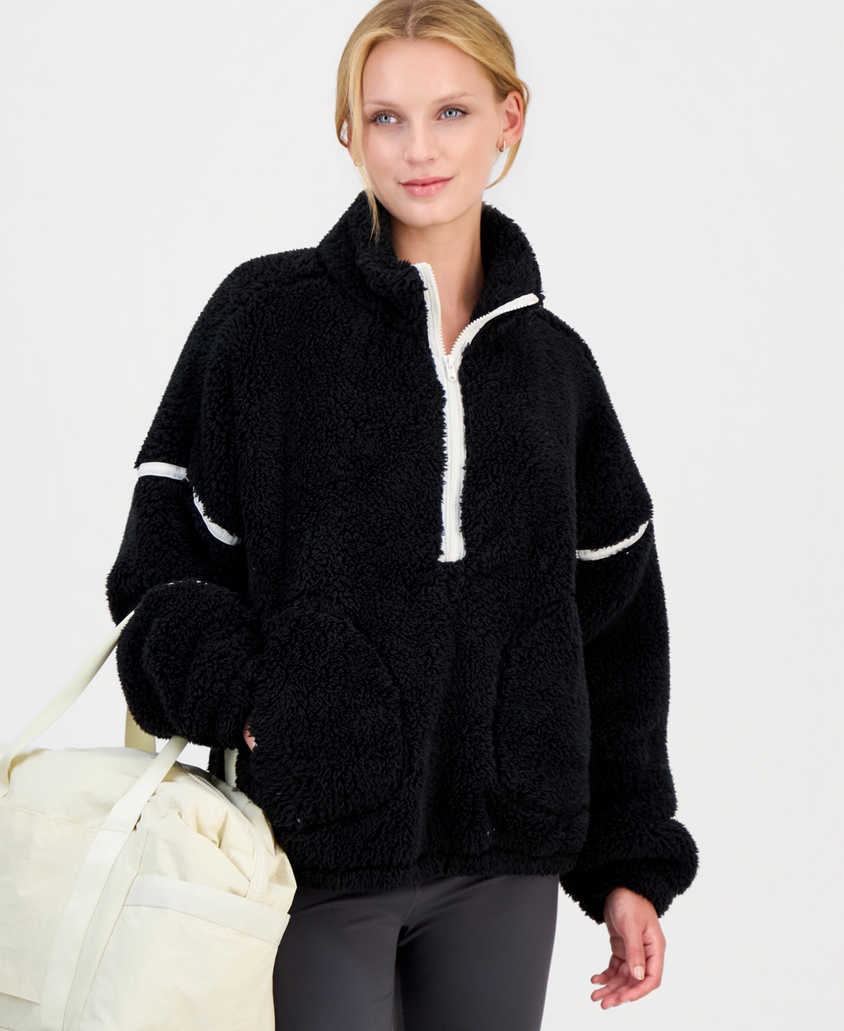 Id Ideology Women's Sherpa Half-zip Mock Neck Pullover, Macy's Exclusive In Deep Black