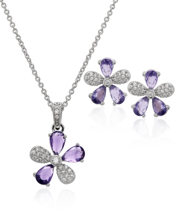 Flower Simulated Gemstone Pendant Necklace with Matching Stud Earrings — 2 piece