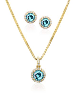 Set Simulated Cubic Zirconia Round Halo Pendant Necklace with Matching Earrings 2-Piece Set