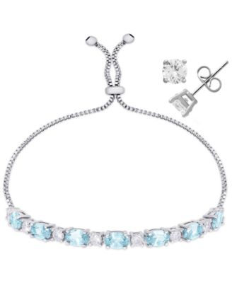 Oval Simulated Gemstone and Round Adjustable Tennis Bolo Bracelet with Stud Earrings 2-Piece Set